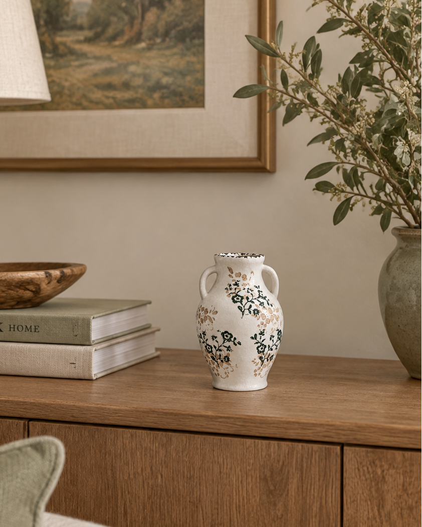 Beige and Green Flower Crackle Stoneware Vase With Handles