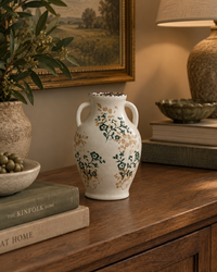 Beige and Green Flower Crackle Stoneware Vase With Handles