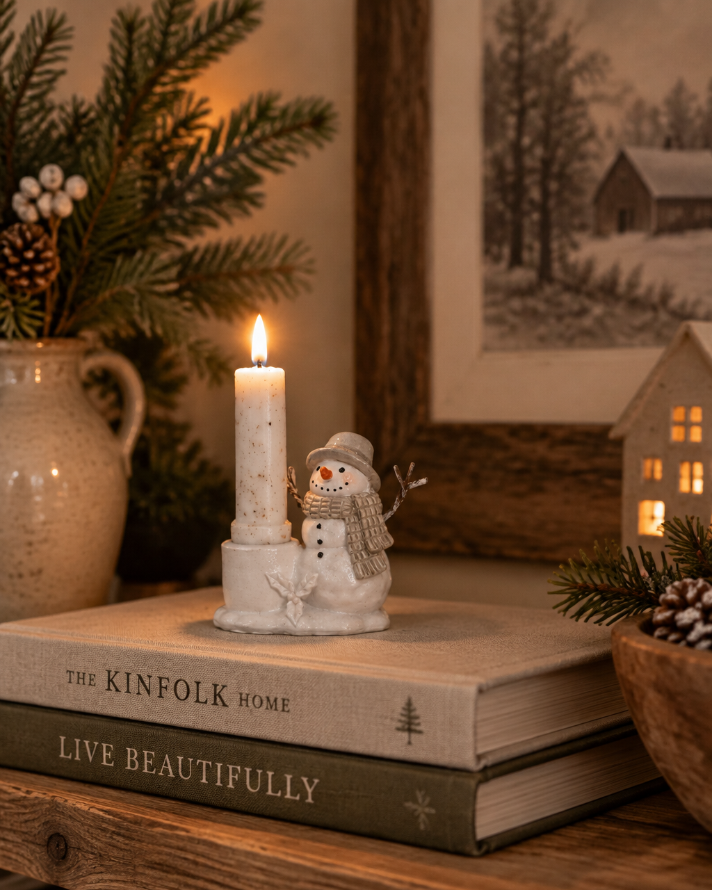 Rustic Snowfall Resin Snowman Taper Candle Holder