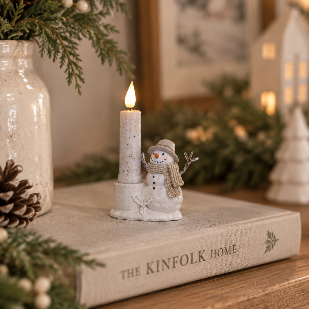 Rustic Snowfall Resin Snowman Taper Candle Holder