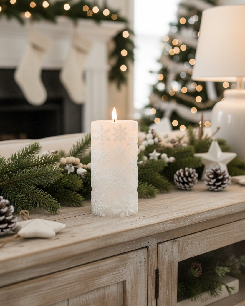 White Snowflake LED Pillar Candle