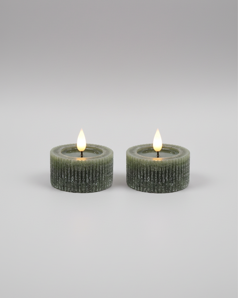 Ridged Green Large Tealights LED Candle Set of 2