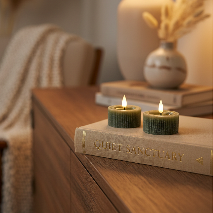 Ridged Green Large Tealights LED Candle Set of 2