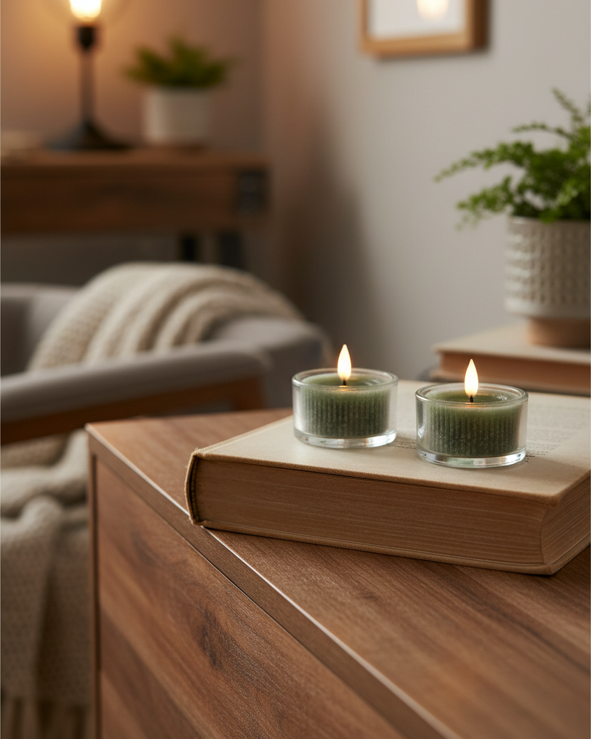 Ridged Green Large Tealights LED Candle Set of 2