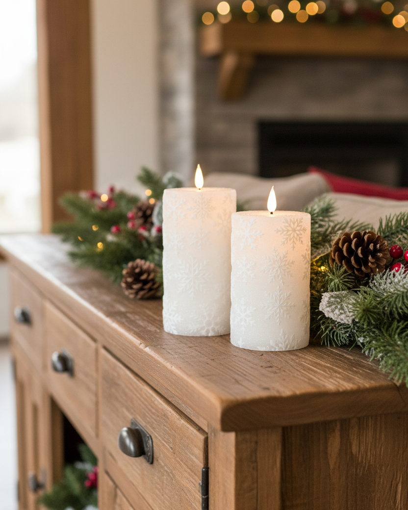 White Snowflake LED Pillar Candle