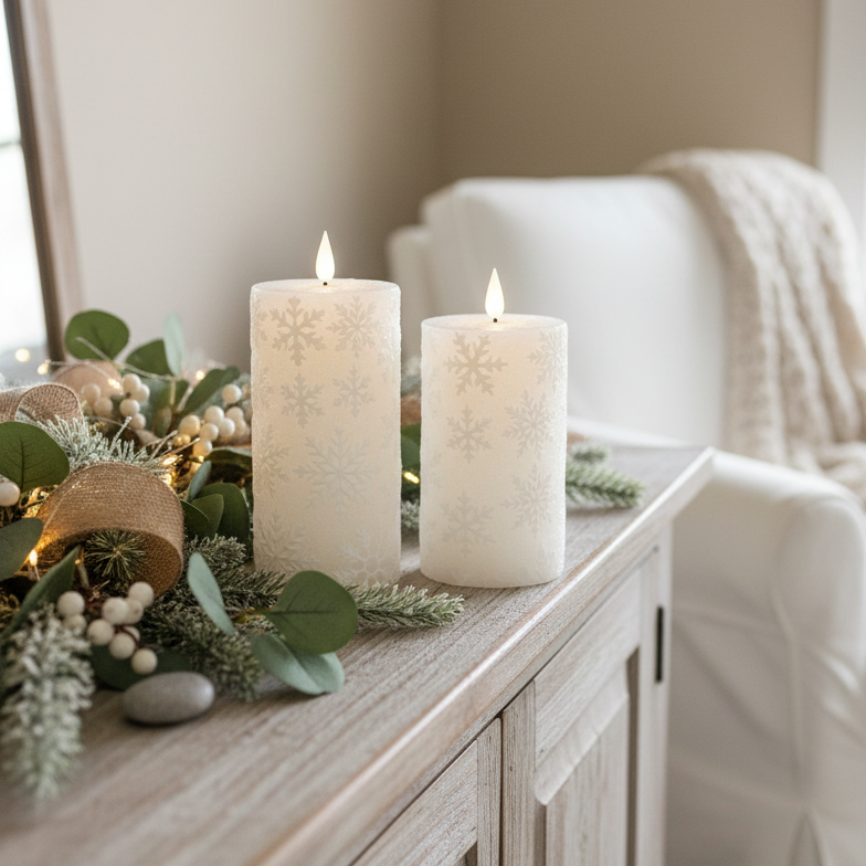 White Snowflake LED Pillar Candle