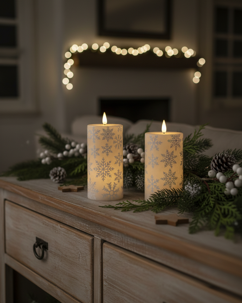 White Snowflake LED Pillar Candle