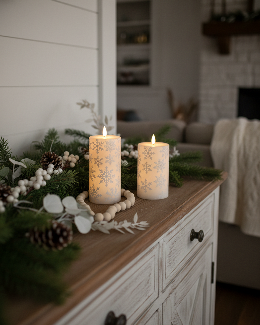 White Snowflake LED Pillar Candle