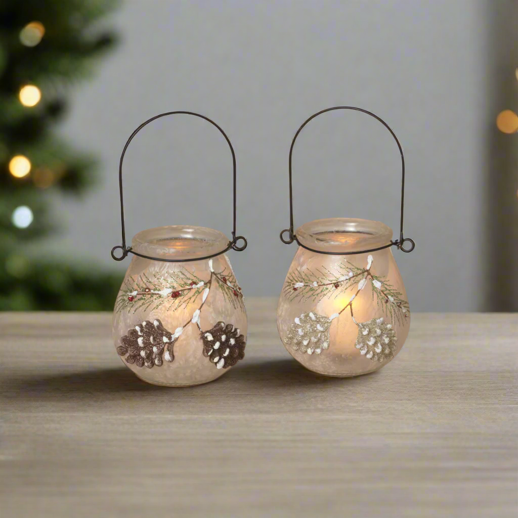Frosted Glass Holiday Pinecone and Evergreen Lantern Set