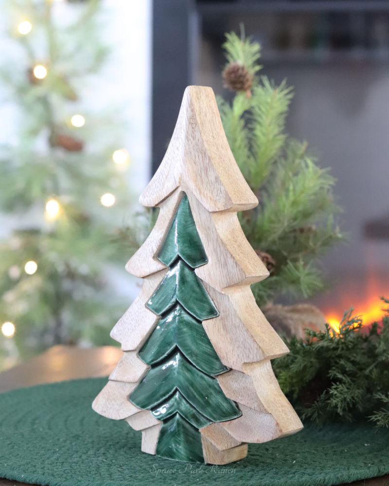 Layered Wood Sage Green Enamel Tree