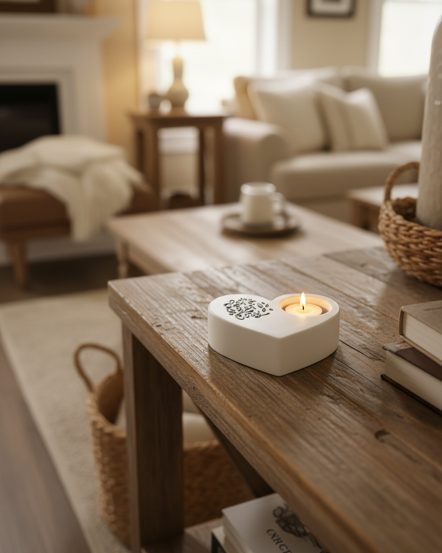 Lets Get Cozy Heart Tealight Holder Tan