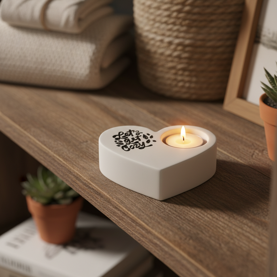 Lets Get Cozy Heart Tealight Holder Tan