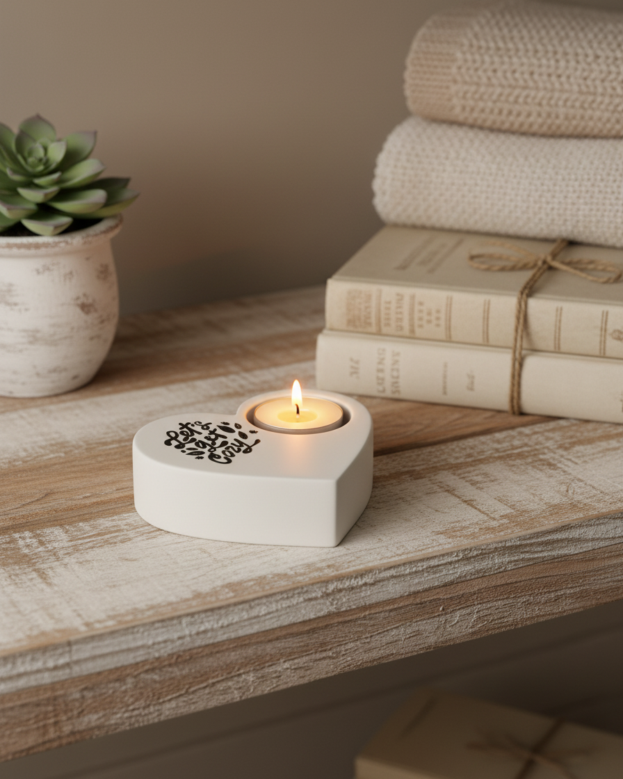 Lets Get Cozy Heart Tealight Holder Tan