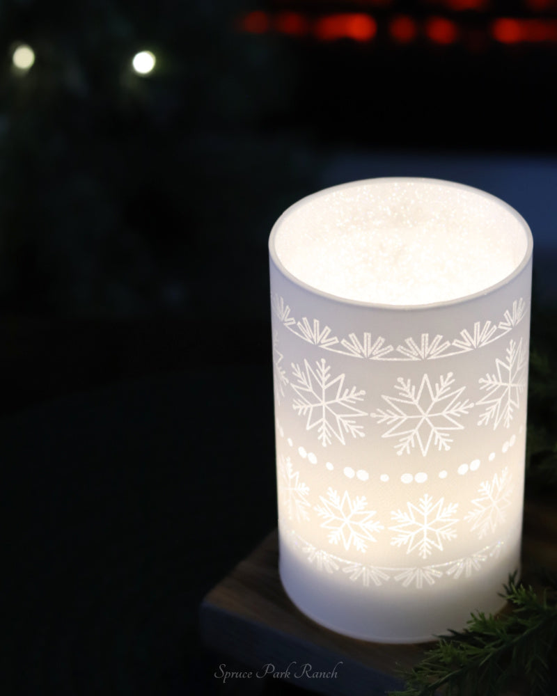 White LED Glass Cylinder With Snowflakes Bright Glow