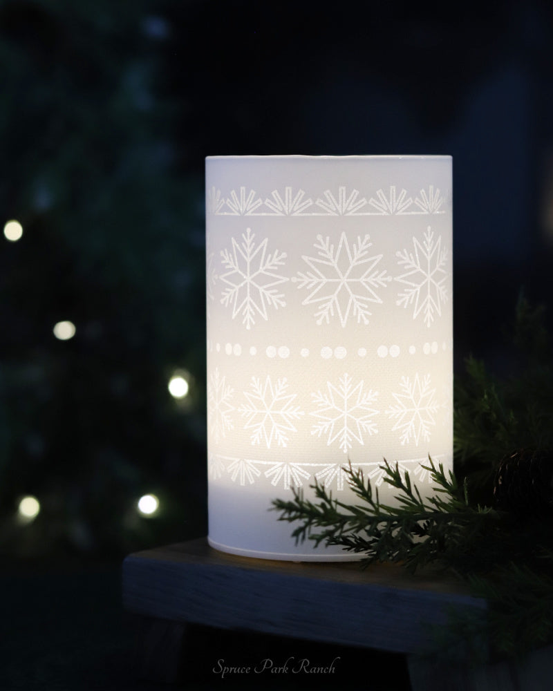 White LED Glass Cylinder With Snowflakes Bright Glow
