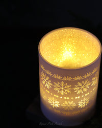 White LED Glass Cylinder With Snowflakes Warm Glow