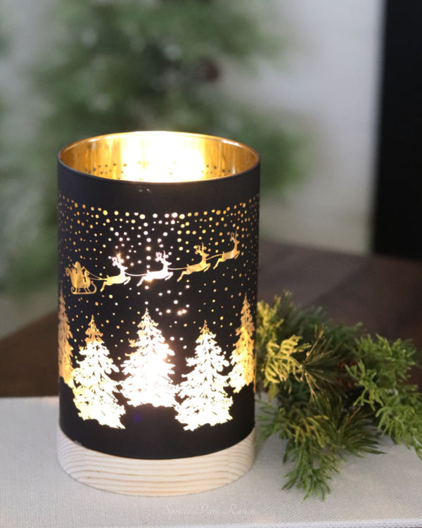 Lighted Glass Christmas Sleigh Design Lantern Black