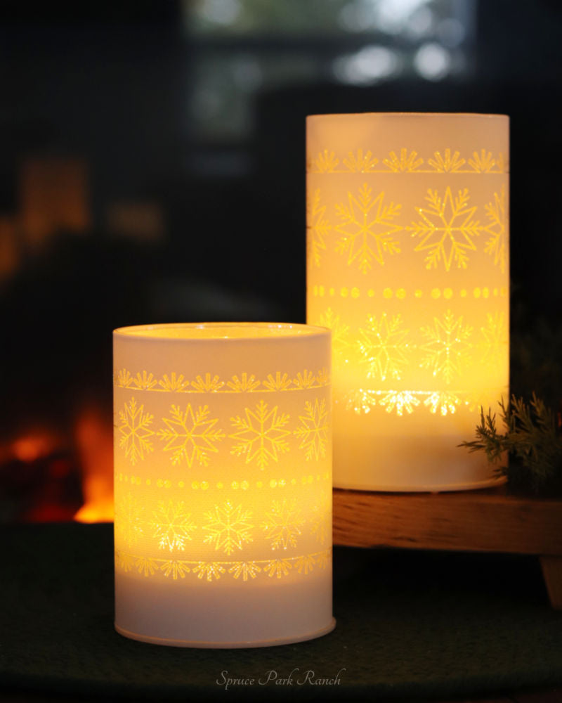 White LED Glass Cylinder With Snowflakes Warm Glow