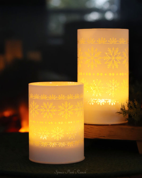 White LED Glass Cylinder With Snowflakes Warm Glow