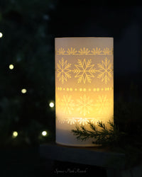White LED Glass Cylinder With Snowflakes Warm Glow