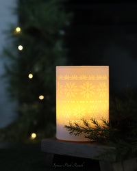 White LED Glass Cylinder With Snowflakes Warm Glow
