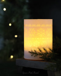 White LED Glass Cylinder With Snowflakes Warm Glow