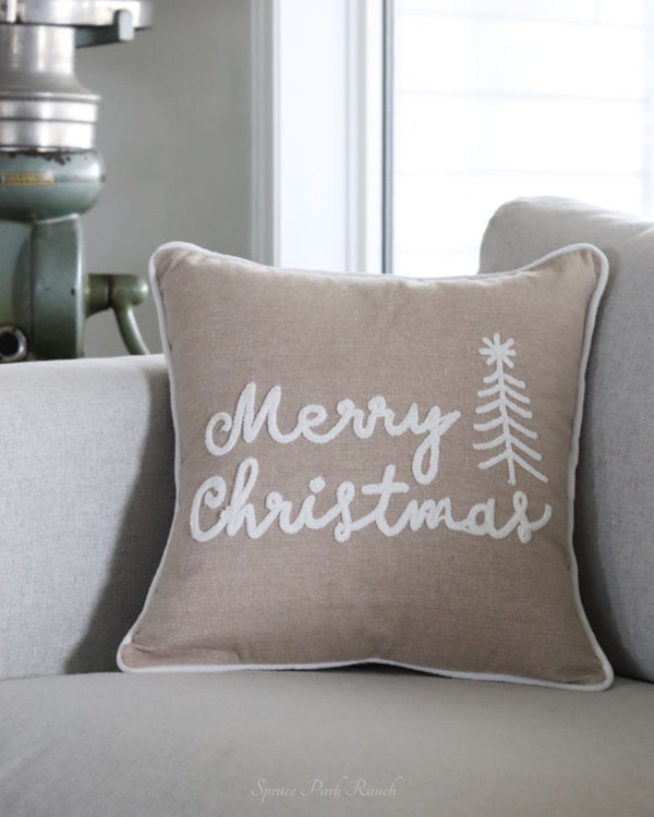Merry Christmas Beige Cotton Throw Pillow