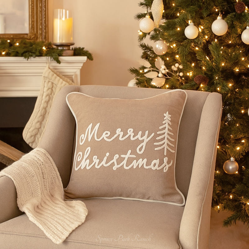 Merry Christmas Beige Cotton Throw Pillow