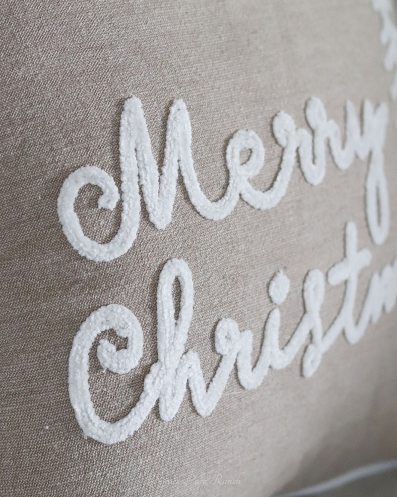 Merry Christmas Beige Cotton Throw Pillow