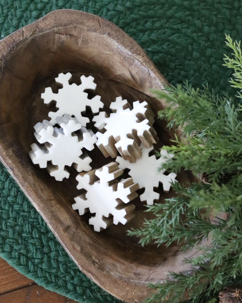 White Enamel Wood Mini Snowflake