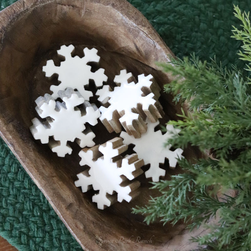 White Enamel Wood Mini Snowflake