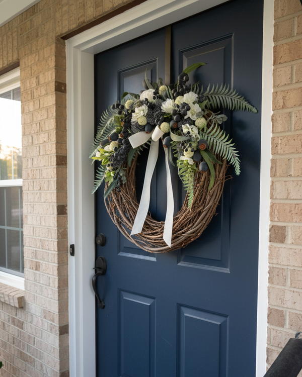 Navy Berries and Hollyhock Fern Wreath