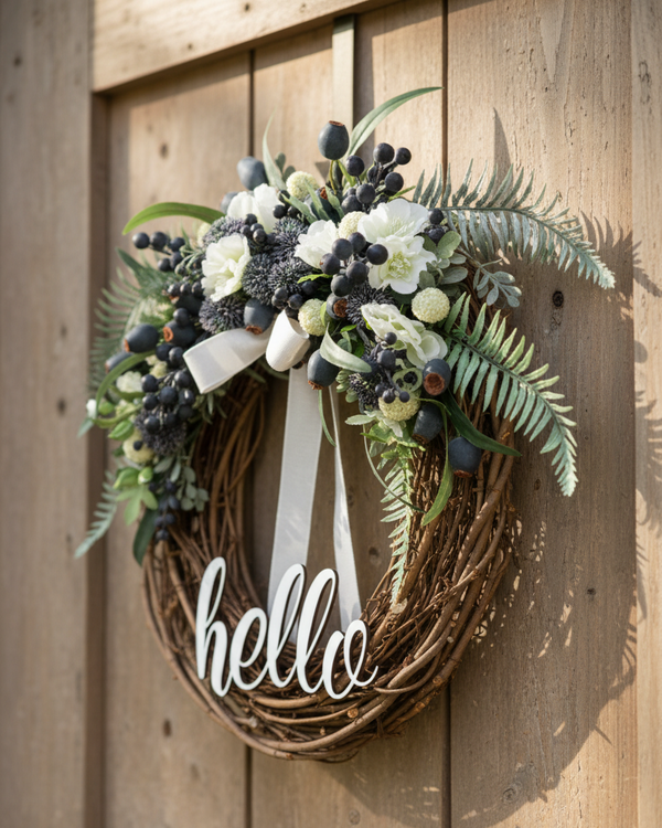 Hello Navy Berries and Hollyhock Fern Wreath
