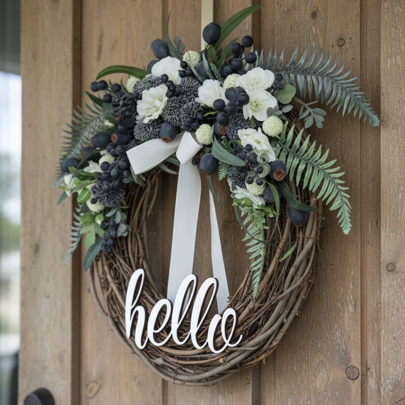 Hello Navy Berries and Hollyhock Fern Wreath