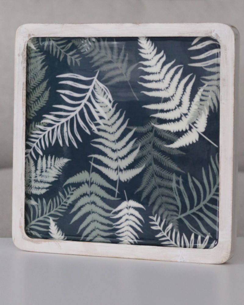 Navy Fern Enamel Wood Shallow Tray