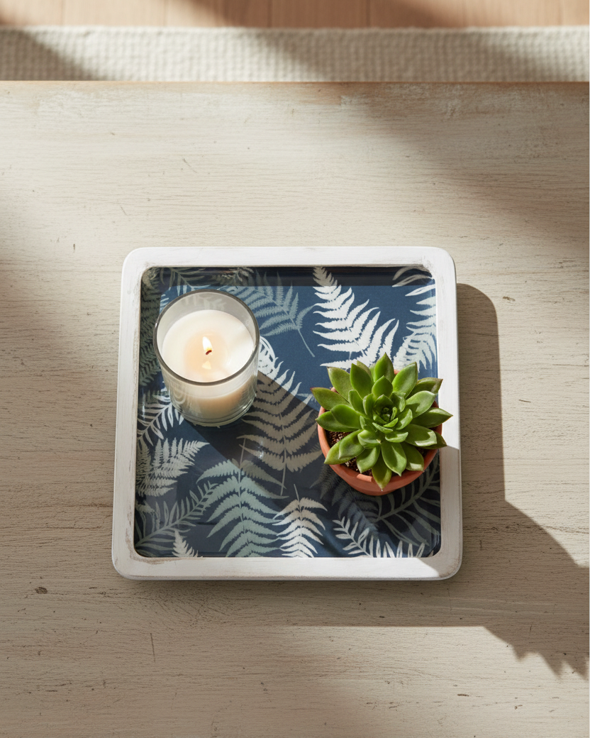 Navy Fern Enamel Wood Shallow Tray