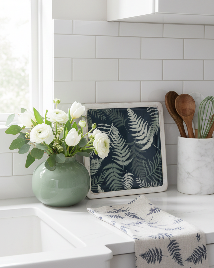 Navy Fern Enamel Wood Shallow Tray