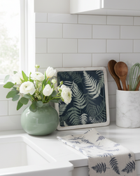 Navy Fern Enamel Wood Shallow Tray