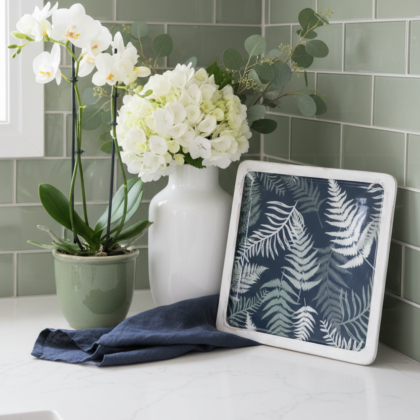 Navy Fern Enamel Wood Shallow Tray