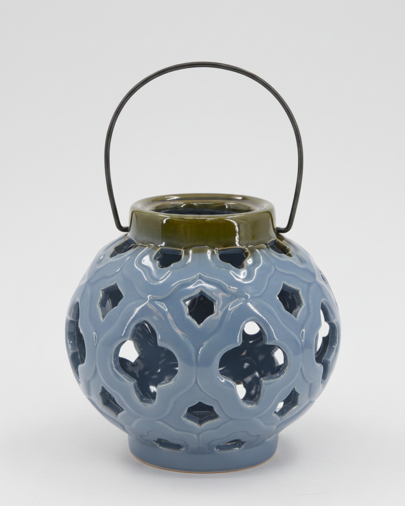 Ceramic Blue Quatrefoil Cutout Lantern