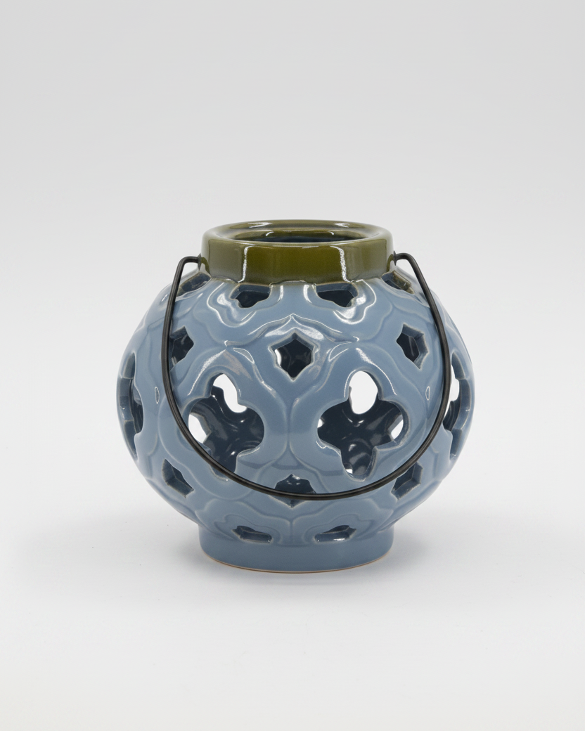 Ceramic Blue Quatrefoil Cutout Lantern