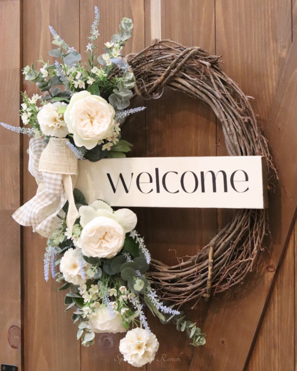 Welcome White Peony and Lavender Wreath