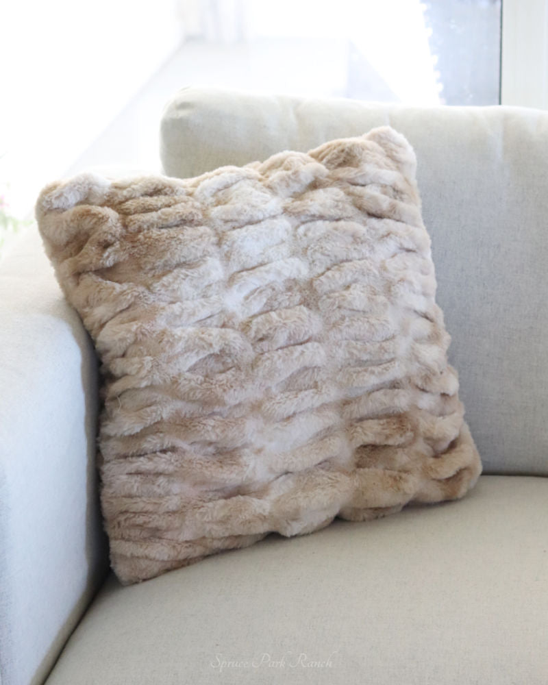 Cream and Tan Ribbed Faux Fur Pillow