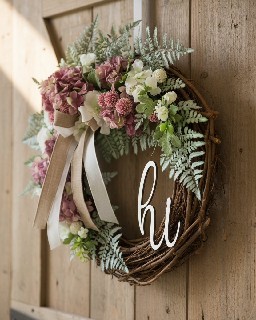 Hi Pink Hydrangea and Hollyhock Fern Wreath