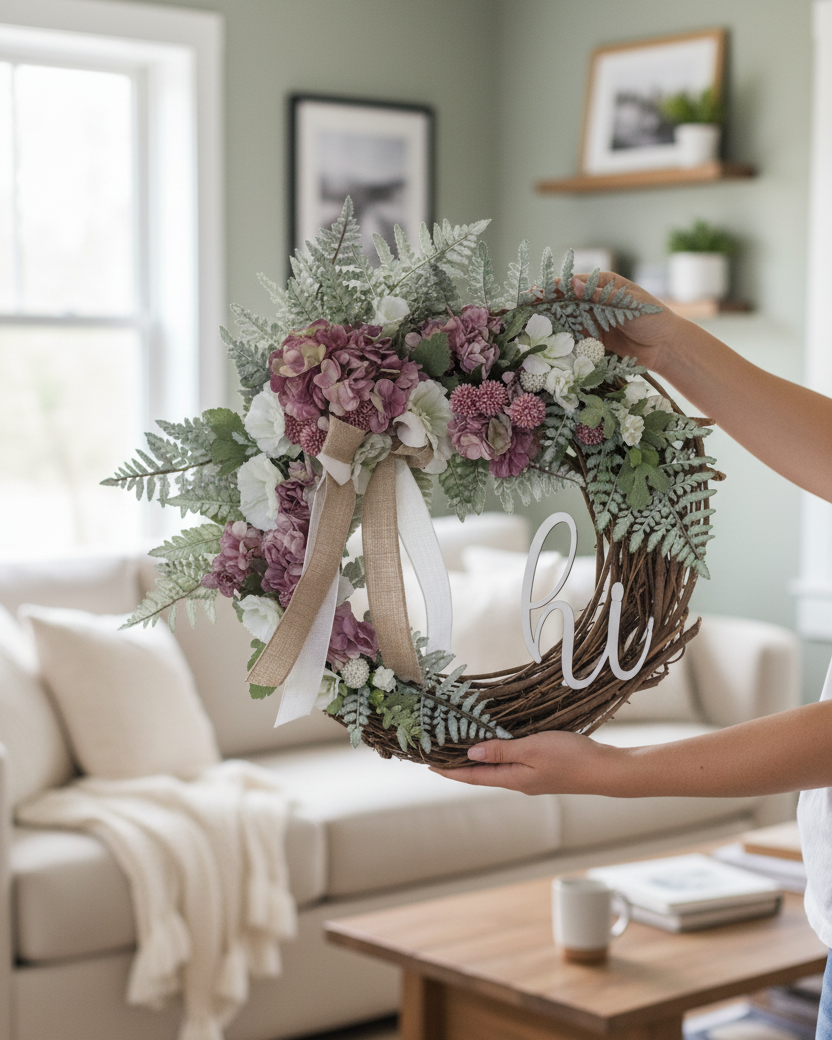Hi Pink Hydrangea and Hollyhock Fern Wreath