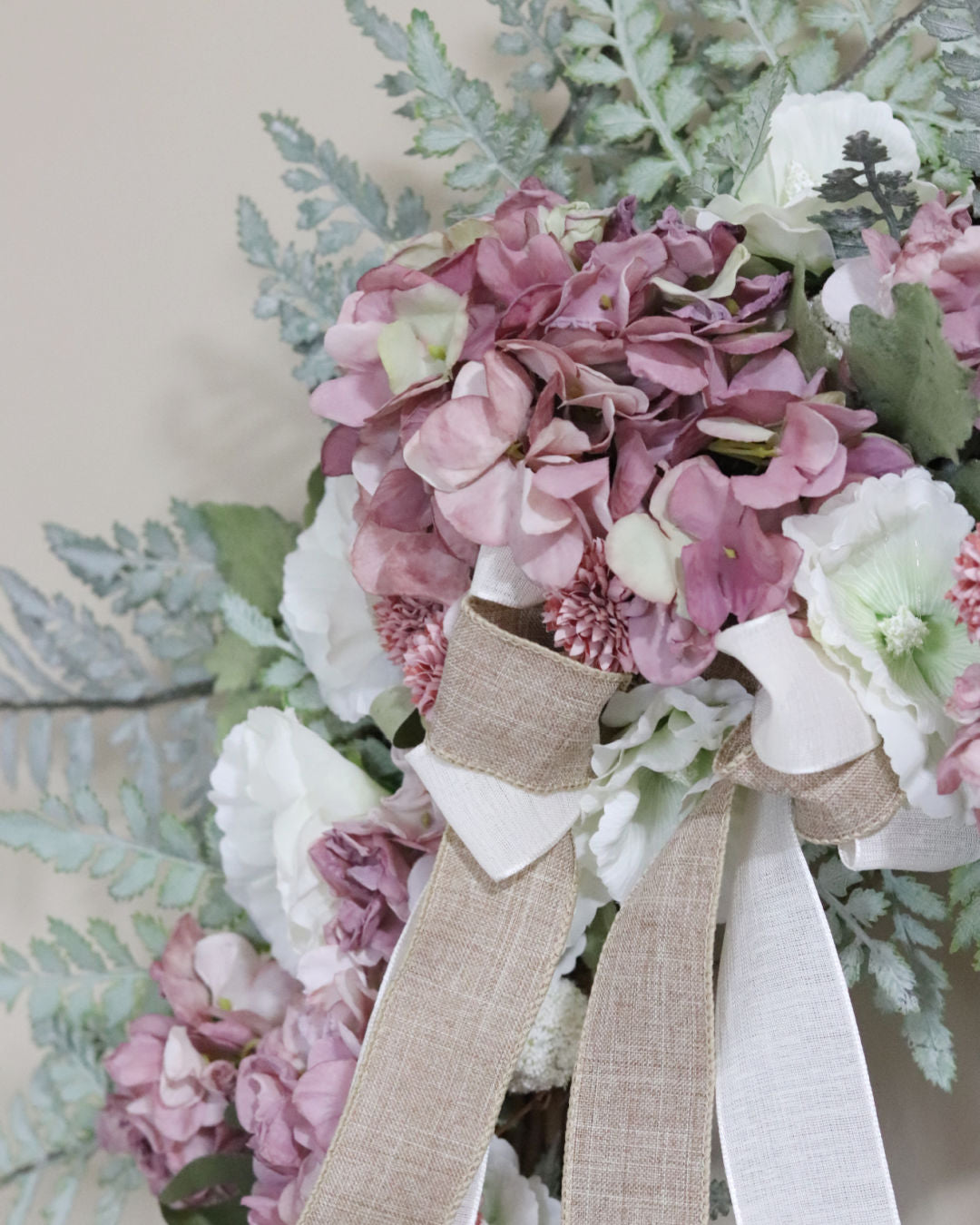 Hi Pink Hydrangea and Hollyhock Fern Wreath
