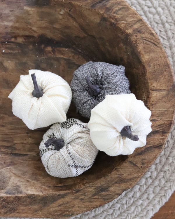 Mini Cream and Grey Burlap Pumpkins Set of Four