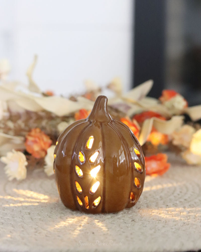 Ceramic Cutout LED Brown Pumpkin Wheat Design
