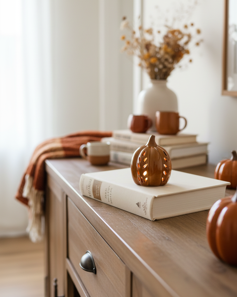 Ceramic Cutout LED Brown Pumpkin Wheat Design