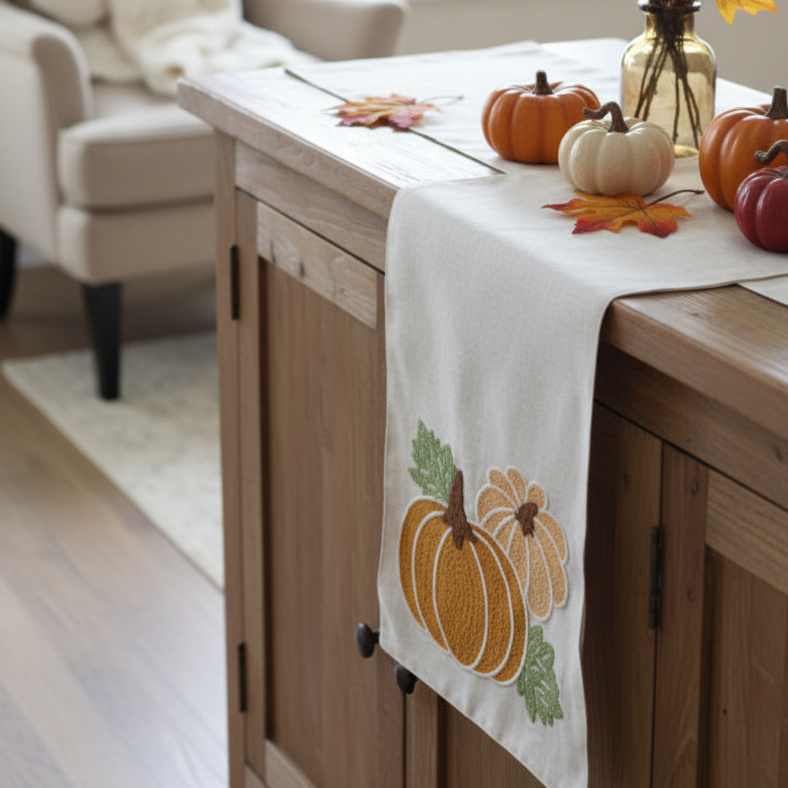 Pumpkin Applique Linen Table Runner
